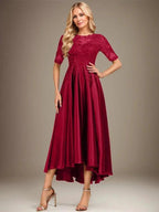 A-line Scoop Illusion Asymmetrical Stretch Satin Lace Mother of the Bride Dress With Sequins