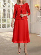 A-line Scoop Tea-Length Lace Chiffon Mother of the Bride Dress With Sequins