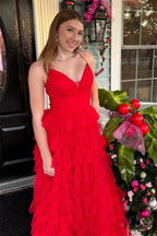 Lavender V-Neck Ruffle Tiered Long Prom Gown