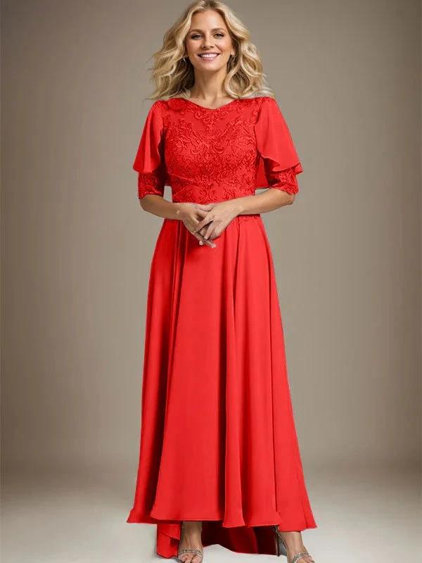 A-line Scoop Illusion Asymmetrical Chiffon Lace Mother of the Bride Dress With Beading