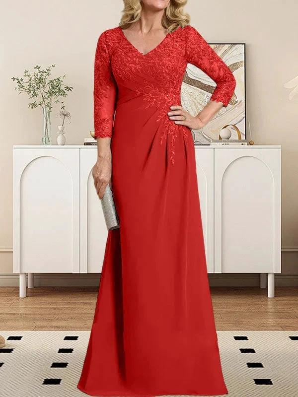 Sheath/Column V-Neck Illusion Floor-Length Lace Chiffon Mother of the Bride Dress With Pleated Sequins