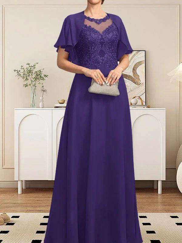 A-line Scoop Illusion Floor-Length Lace Chiffon Mother of the Bride Dress With Sequins