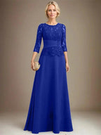 A-line Scoop Illusion Floor-Length Chiffon Lace Mother of the Bride Dress With Pleated Sequins Beading