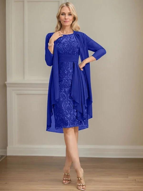 Sheath/Column Scoop Illusion Knee-Length Lace Chiffon Mother of the Bride Dress With Cascading Ruffles Sequins