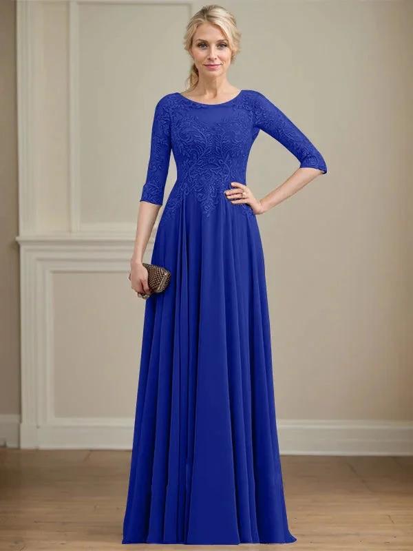 A-line Scoop Illusion Floor-Length Lace Chiffon Mother of the Bride Dress With Sequins