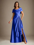 A-Line Scoop Floor-Length Stretch Satin Mother of the Bride Dress With Cascading Ruffles