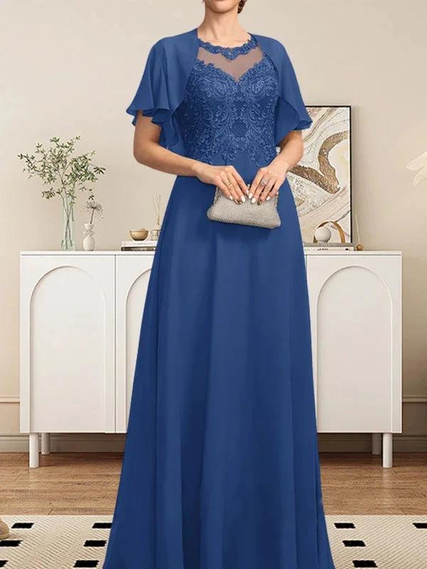 A-line Scoop Illusion Floor-Length Lace Chiffon Mother of the Bride Dress With Sequins