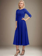 A-line Scoop Tea-Length Lace Chiffon Mother of the Bride Dress With Sequins