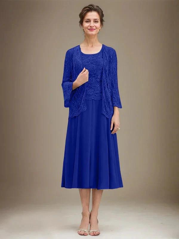 A-line Scoop Tea-Length Lace Chiffon Mother of the Bride Dress With Sequins