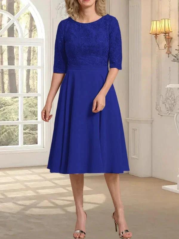 A-line Scoop Knee-Length Lace Chiffon Mother of the Bride Dress