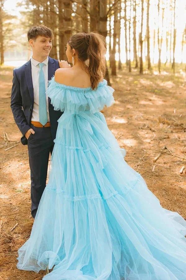 Ruffles Off the Shoulder Corset A-line Blue Prom Dress PSK570