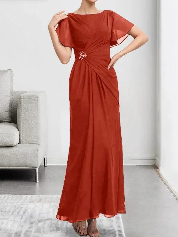 A-line Scoop Ankle-Length Chiffon Mother of the Bride Dress With Beading Pleated