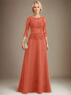 A-line Scoop Illusion Floor-Length Chiffon Lace Mother of the Bride Dress With Pleated Sequins Beading