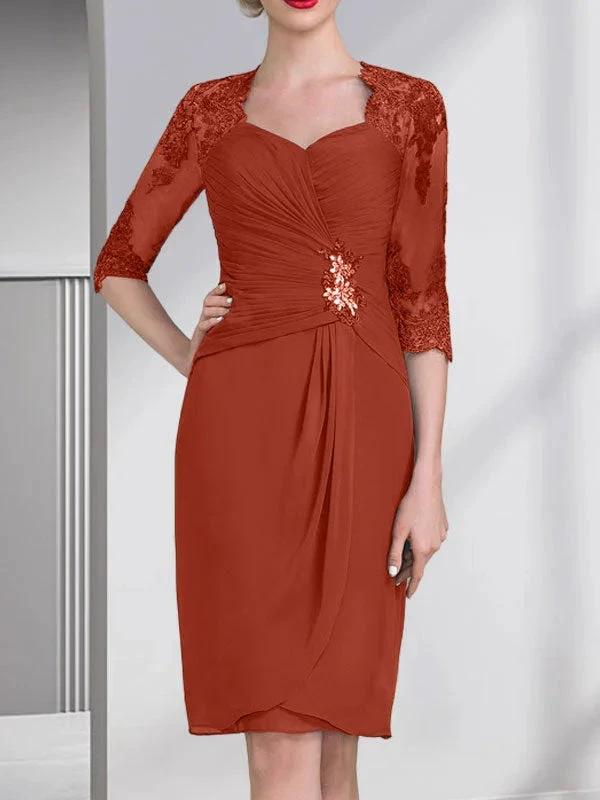 Sheath/Column Sweetheart Knee-Length Chiffon Mother of the Bride Dress With Beading Appliques Lace Sequins Pleated