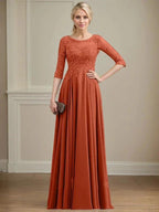 A-line Scoop Illusion Floor-Length Lace Chiffon Mother of the Bride Dress With Sequins