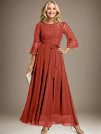 A-line Scoop Ankle-Length Lace Chiffon Mother of the Bride Dress With Bow