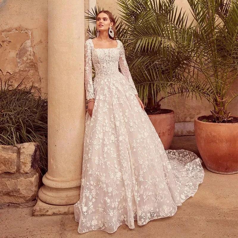 Square Collar A-line Wedding Dress Lace Appliques Long Sleeves Court Train vestidos de novia