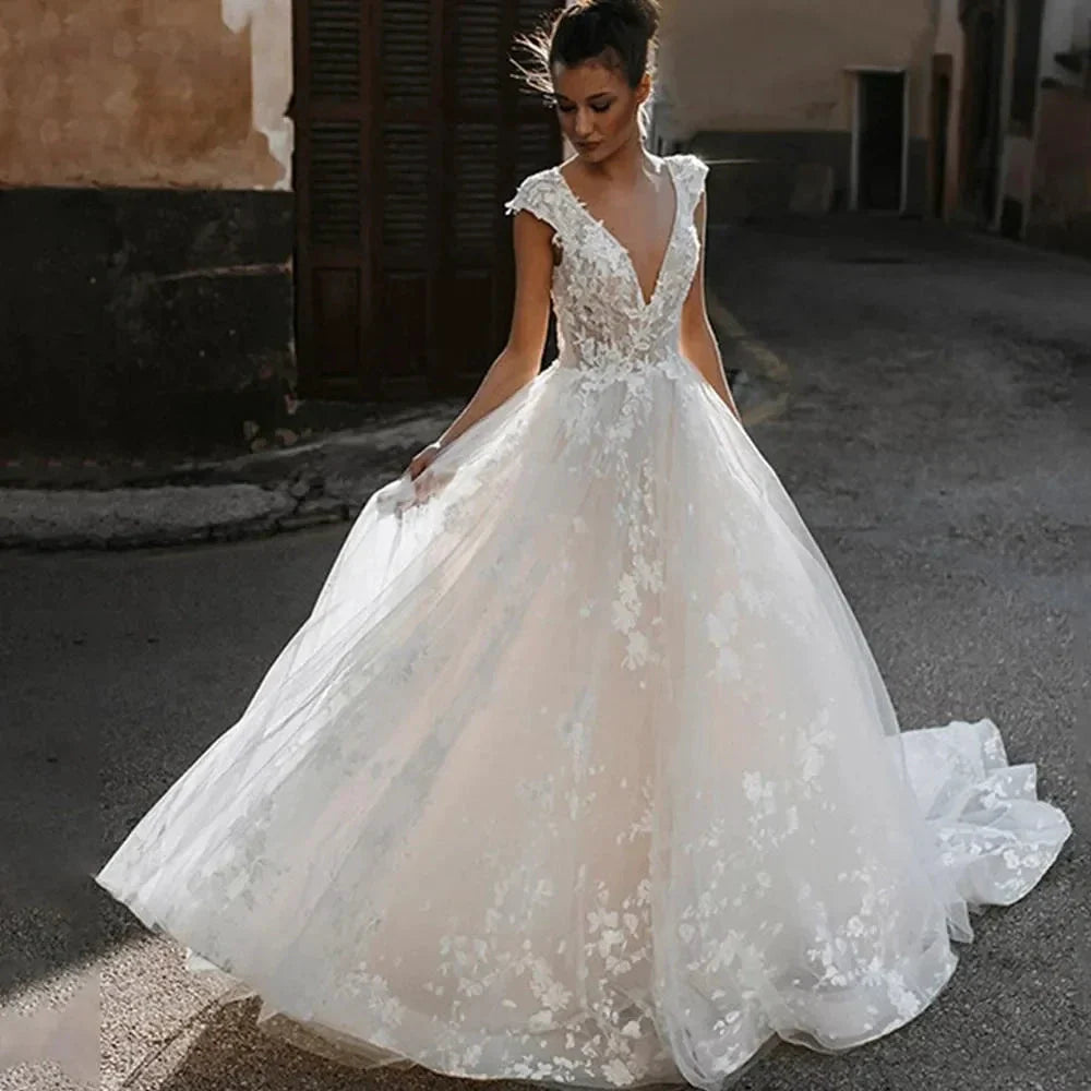 Deep V-neck Wedding Dresses Sexy Open Back Vestidos De Novia Cap Sleeve Appliques Vestido De Noiva