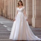 Elegant V-Neck Wedding Dresses Plus Size Lace Long Sleeve Women White Open Back Tulle Bridal Gown Sweep Train Vestidos De Novia