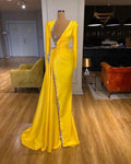 yellow evening dress long sleeve evening dress formal wear beaded evening dress S23450