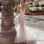 Sexy Spaghetti Straps Vestidos De Novia Lace V-Neck Mermaid Wedding Dresses Appliques Backless Vestido De Noiva