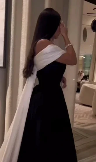 Luxury Black And White Satin Prom Dresses With Removable Tail Custom Made Cocktail Party Evening Dress Y5025