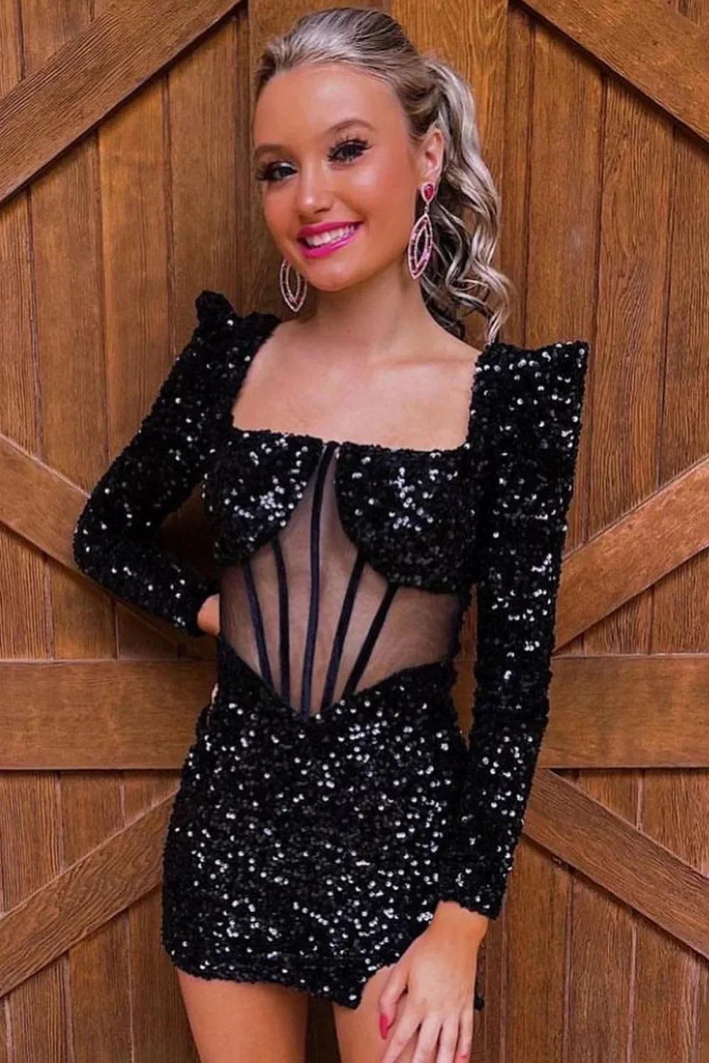 Iridescent White Sequins Long Sleeves Square Neck Homecoming Dress Y2677