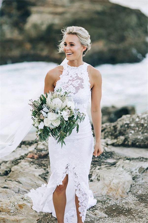 White Halter Lace Sweep Train Beach Wedding Dresses Appliques Wedding Gown MW161