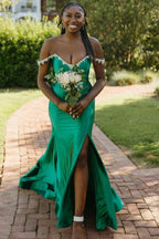 Bellamy | Mermaid V Neck Red Satin Slit Prom Dress with Beading