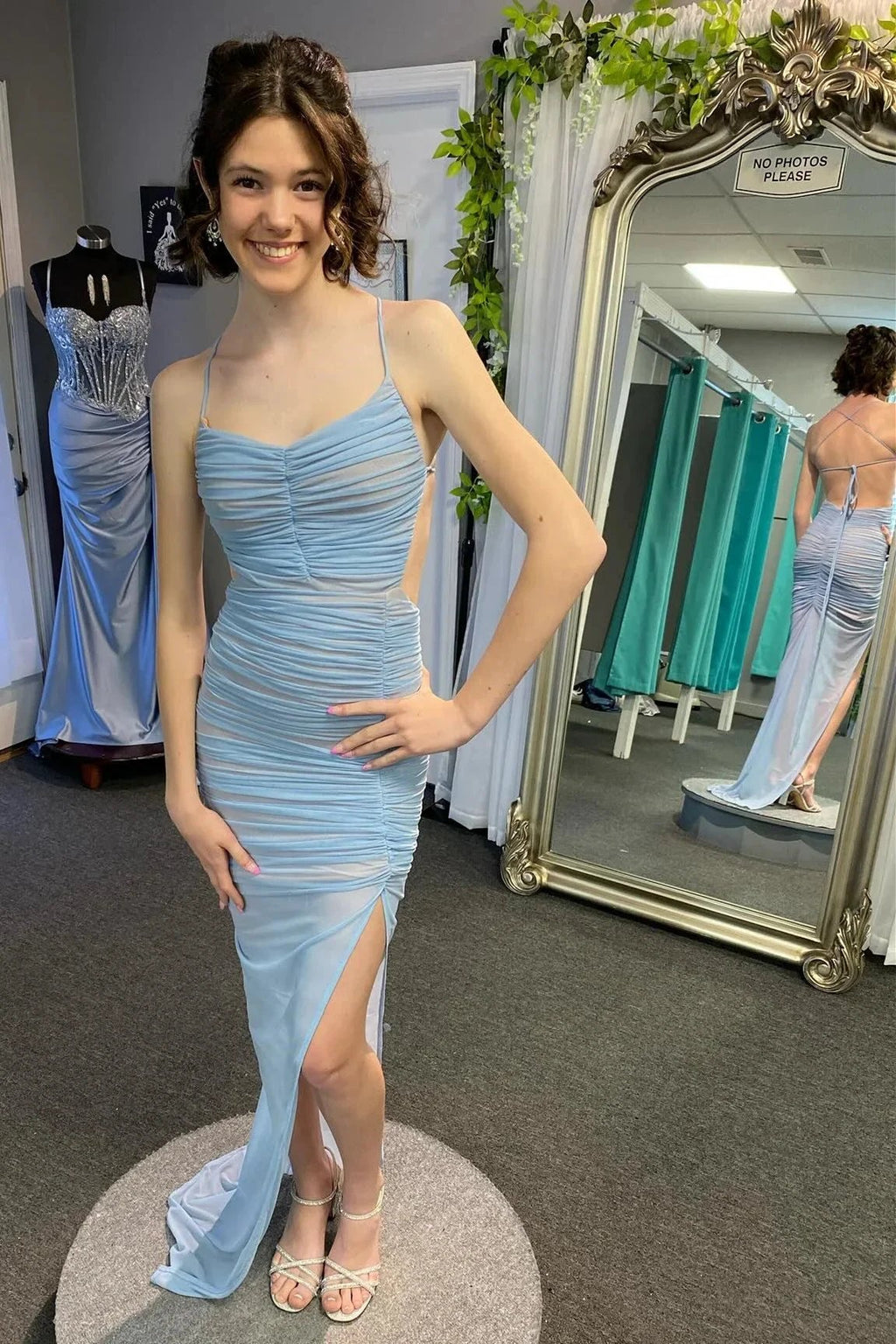 Montana | Lace-Up Back Mermaid Ruched Maxi Dress with Slit in Light Blue