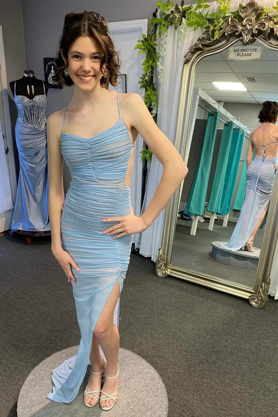Montana | Lace-Up Back Mermaid Ruched Maxi Dress with Slit in Light Blue