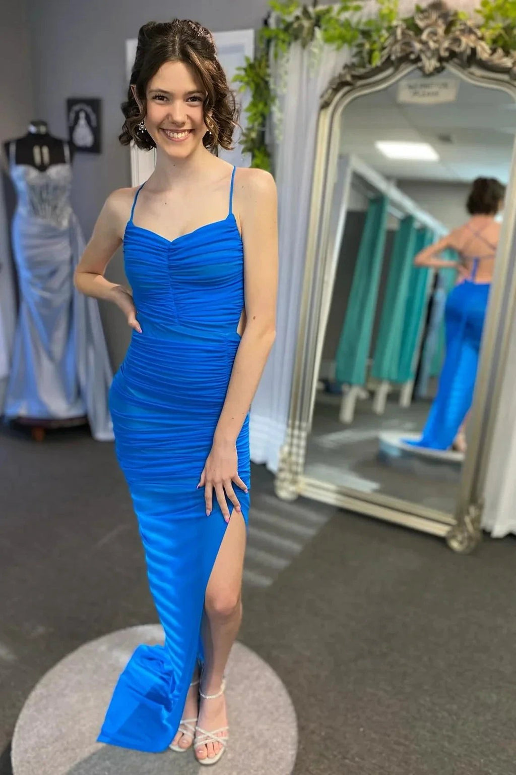 Montana | Lace-Up Back Mermaid Ruched Maxi Dress with Slit in Light Blue
