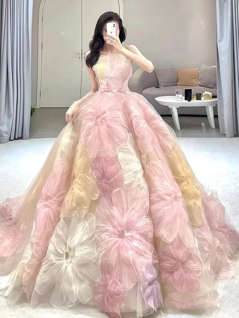 Dream Princess Floral Ball Gown, Strapless A-line Evening Prom Dress,Wedding Dress Y8289