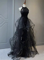 High Neckline Black Halter Shiny Tulle And Sequins Evening Dress, Black Tulle Prom Dress Y1864