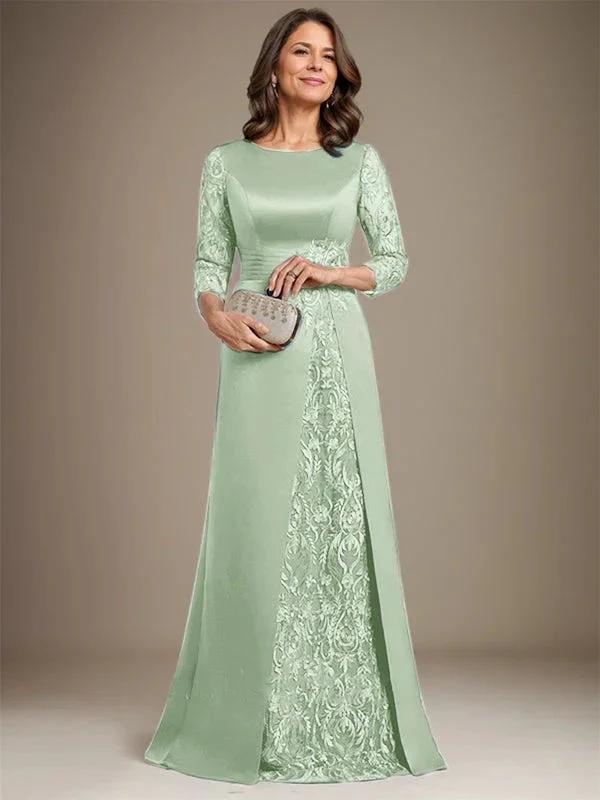 A-Line Scoop Floor-Length Lace Satin Mother Of the Bride Dress With Applique