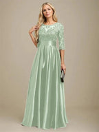 A-line Scoop Illusion Floor-Length Stretch Satin Lace Mother of the Bride Dress With Bow Sequins