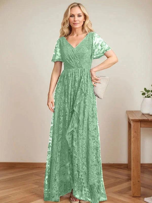 A-Line V-Neck Asymmetrical Lace Mother of the Bride Dress With Cascading Ruffles
