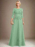 A-line Scoop Illusion Floor-Length Chiffon Lace Mother of the Bride Dress With Pleated Sequins Beading
