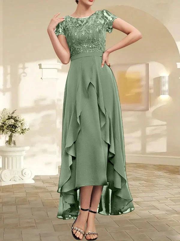 A-line Scoop Illusion Asymmetrical Chiffon Lace Mother of the Bride Dress With Bow Ruffle Sequins