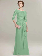A-line Scoop Illusion Floor-Length Lace Chiffon Mother of the Bride Dress With Cascading Ruffles