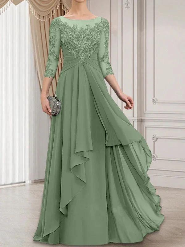 A-line Scoop Illusion Floor-Length Lace Chiffon Mother of the Bride Dress With Cascading Ruffles