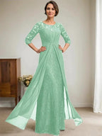 A-Line Scoop Illusion Floor-Length Lace Chiffon Mother Of the Bride Dress With Beading Ruffles