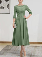 A-line Scoop Illusion Tea-Length Chiffon Lace Mother of the Bride Dress With Beading Sequins