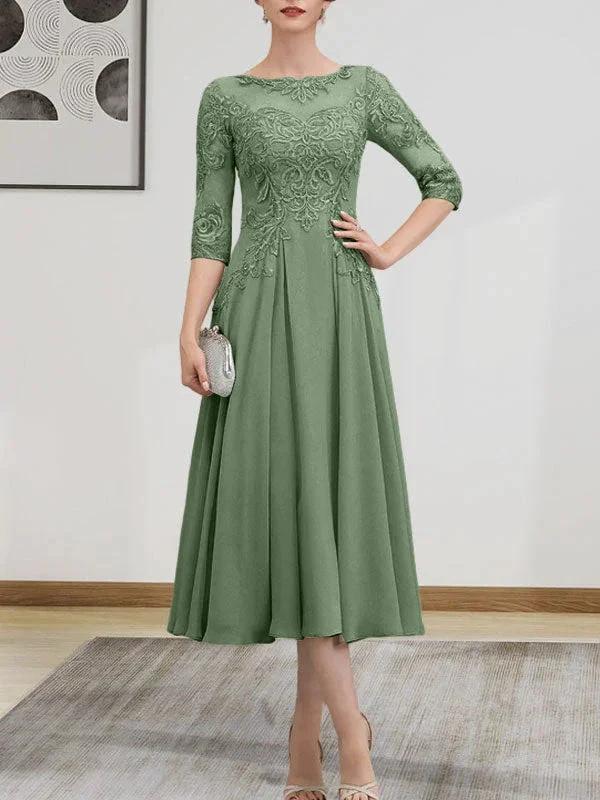 A-line Scoop Illusion Tea-Length Chiffon Lace Mother of the Bride Dress With Beading Sequins