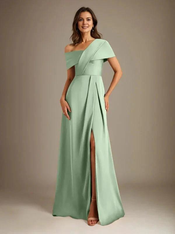 A-Line Asymmetrical Neckline Floor-Length Satin Mother of the Bride Dress With Pleated