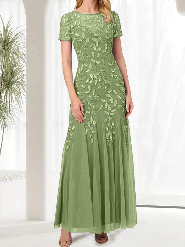 Blue Mermaid Round Neck Long Mother of the Bride Dress With Beadings