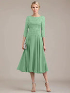 A-line Scoop Tea-Length Lace Chiffon Mother of the Bride Dress