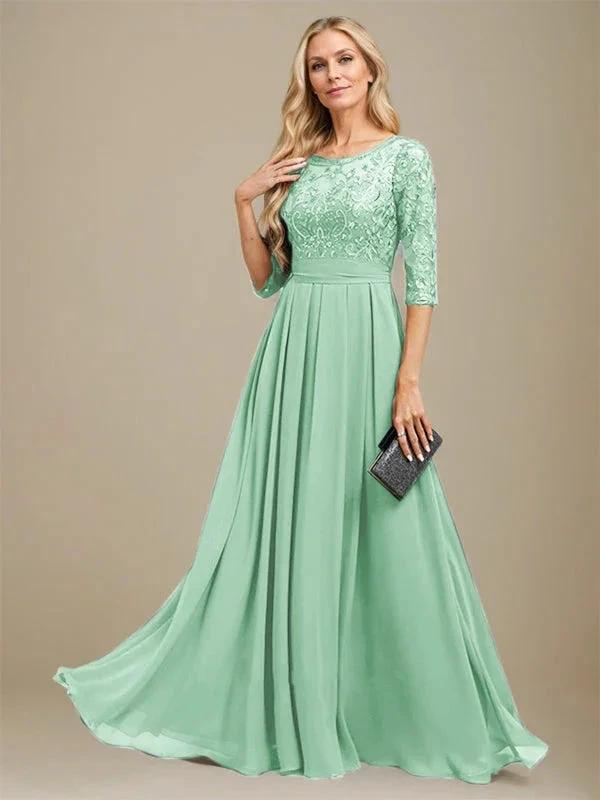 A-Line Scoop Floor-Length Lace Chiffon Mother Of the Bride Dress With Sequins Applique