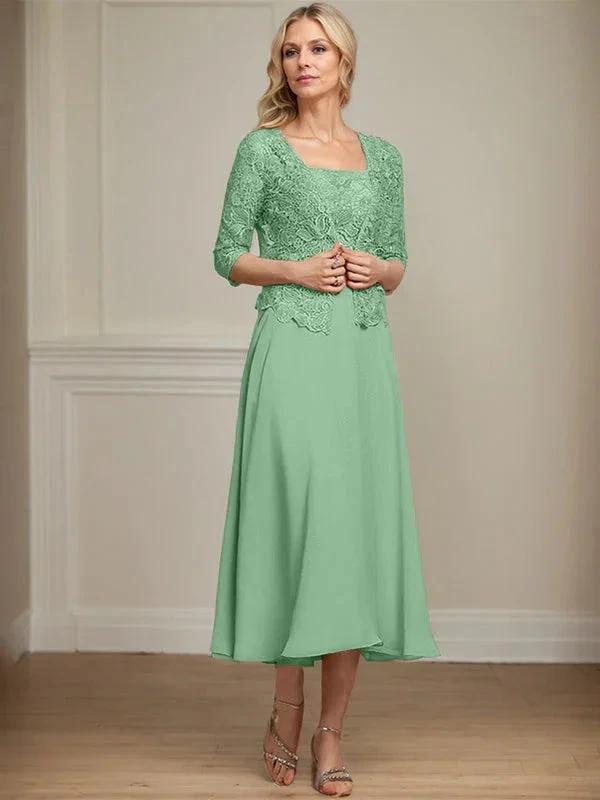 A-line Square Tea-Length Chiffon Lace Mother of the Bride Dress With Sequins Beading