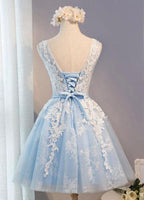 Scoop Neck Short Tulle Homecoming Dress Party Dress With Appliques Lace PG137